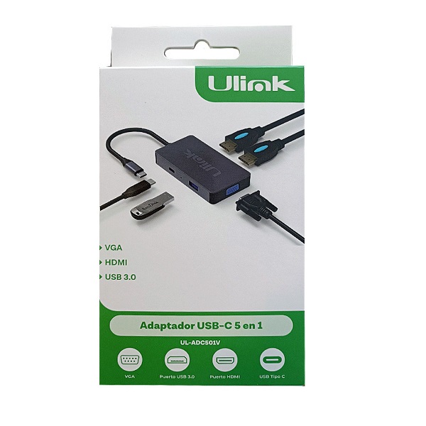 ADAPTADOR MULTIPUERTOS ULINK USB TIPO C 5 EN 1 - HDMI*2, USB3.0*1, PD*1 , VGA*1, aluminio P/N UL-ADC501V